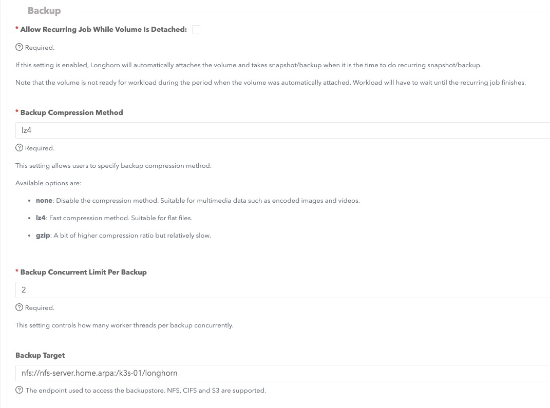 Longhorn backup setup screenshot